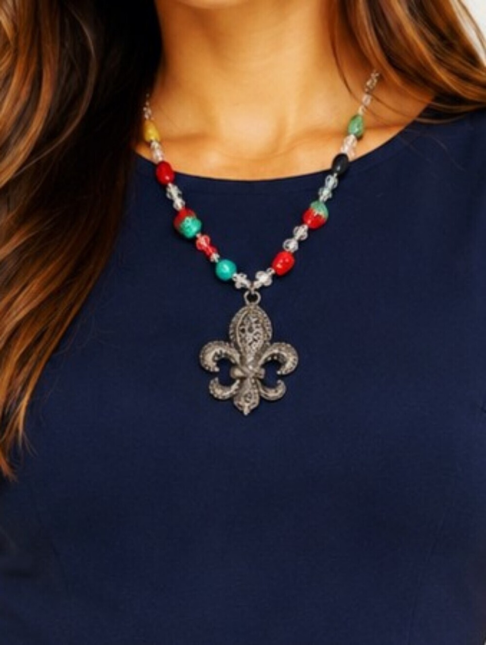 Silver Fleur-de-lis Necklace with Colored Stones